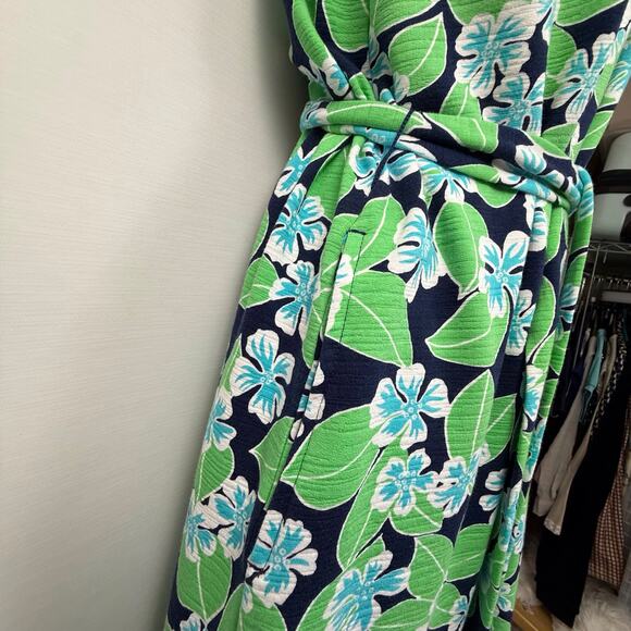 T by Talbots Blue Green Hawaiian Print Dress Tie Waist Navy Trimmed Caged Back - Picture 14 of 16